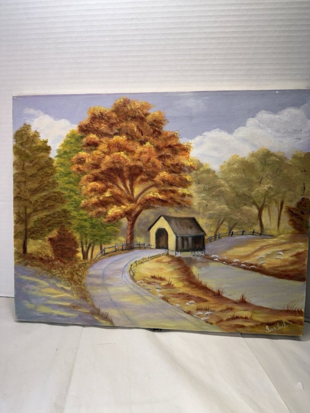 Original Signed Autumn Landscape Oil Painting Canvas Covered Bridge
